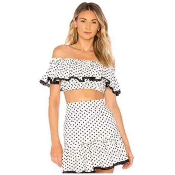 Suboo Polka Dot Crop Top Off Shoulder Ruffle Trim White Black XL - Picture 2 of 9
